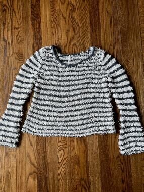 Free People Downy Pullover Shag Sweater Womens S Gray Cream Striped Bell Sleeve